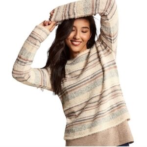 Hatley Renee Kona Nut Ivory Tan Fuzzy Soft Striped Nordic Fair Isle Sweater sz l